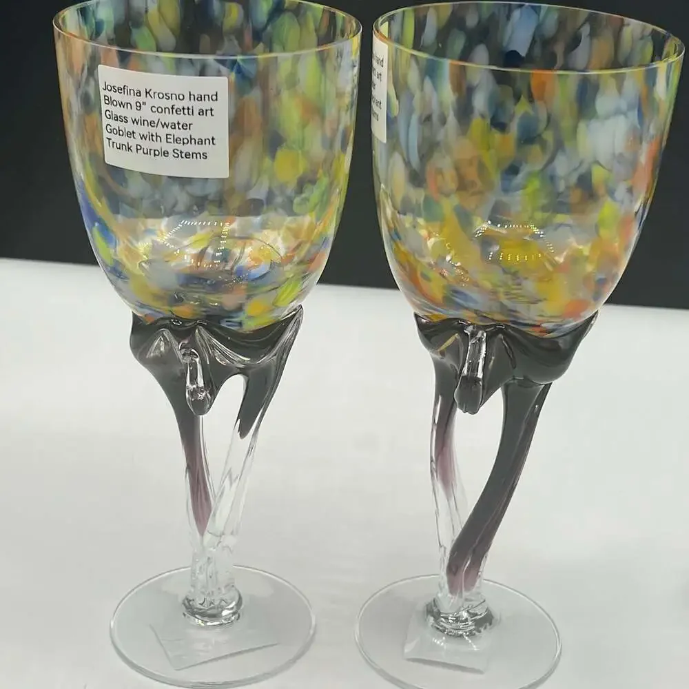 Jozefina Krosno Poland Wine Set of 2 Glass Goblets Multi Color Confetti  9